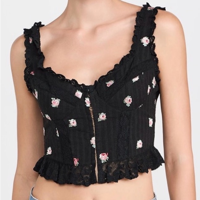 Loveshackfancy Black Floral Lace-Trim Crop Top